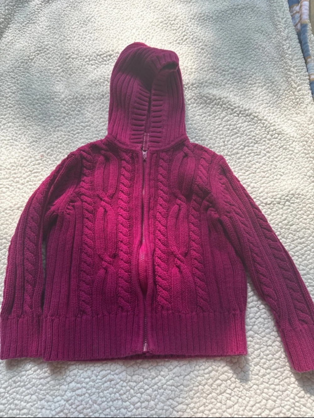 Kids Hooded Cable Knit Zip Sweater - Magenta